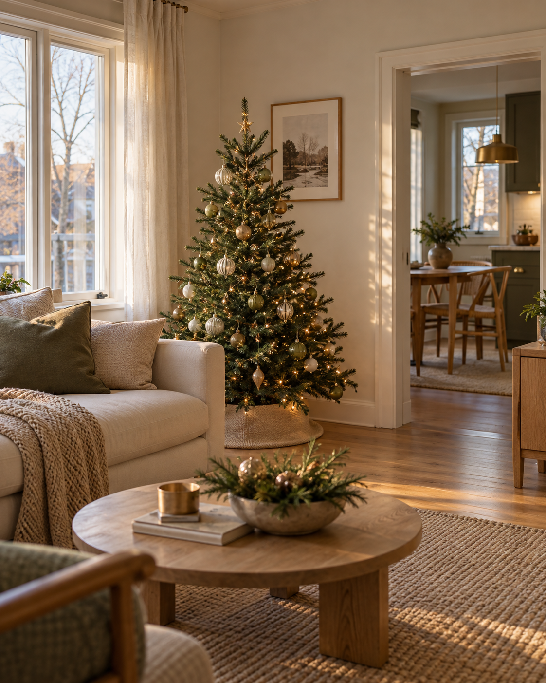 Compact Christmas tree with cream ornaments beside an ivory apartment sofa.