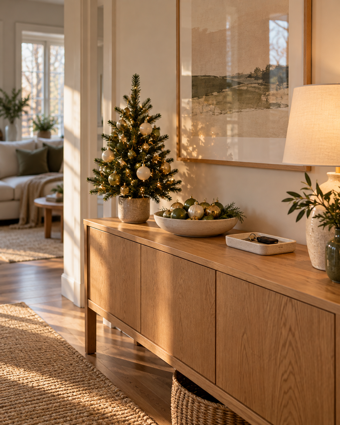 Small tabletop tree and ornament bowl on an oak console with clear space for everyday essentials.