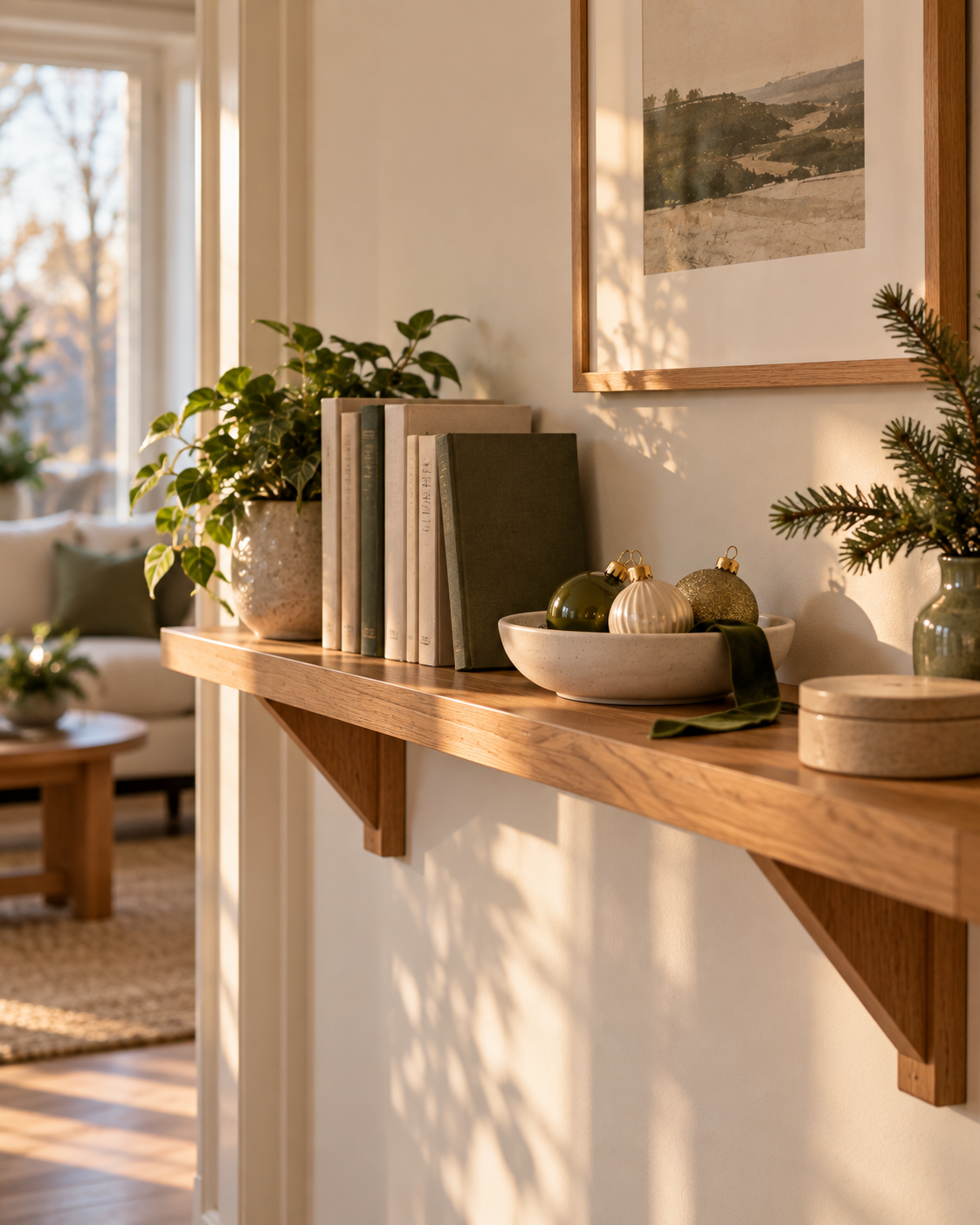 A few Christmas ornaments and a ribbon add a seasonal detail to a simple wooden shelf.