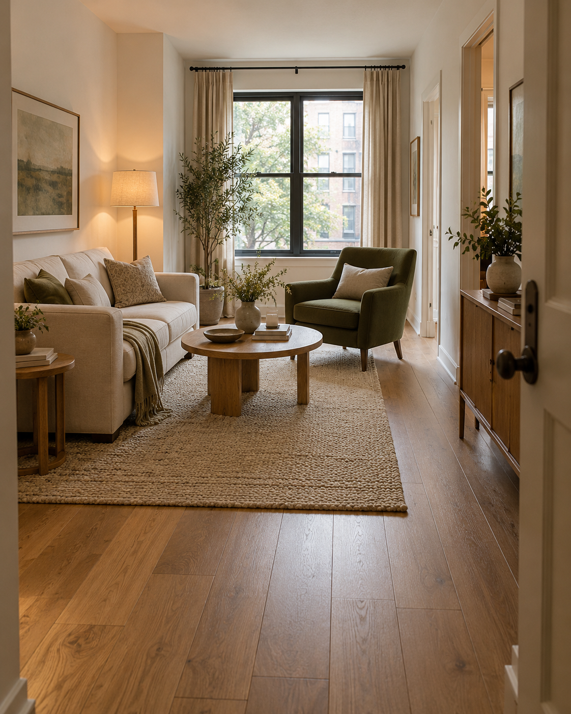 Ivory sofa, olive armchair and oak table arranged beside an open route through a compact living room.