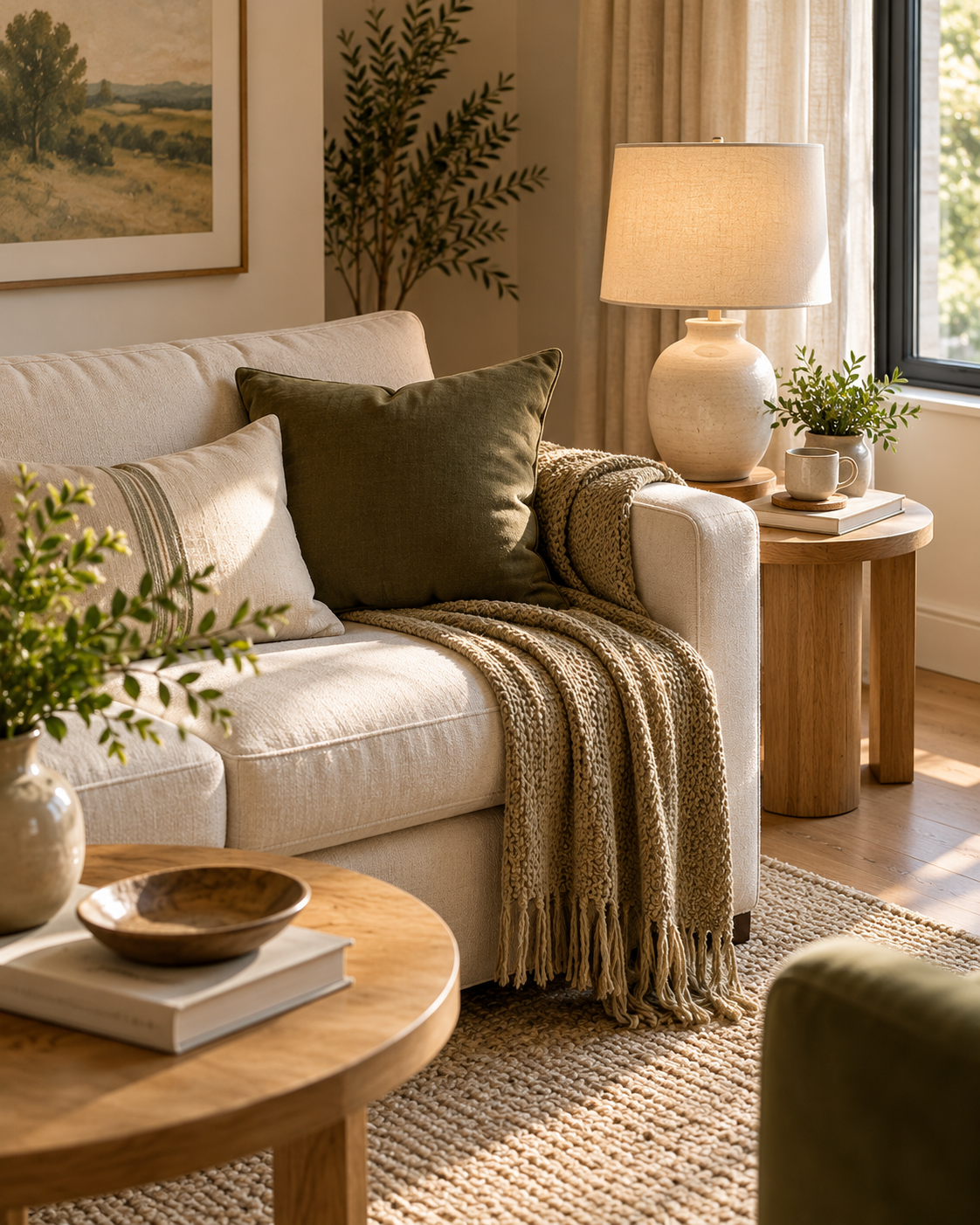 Ivory upholstery, olive cushions, woven textiles and an oak side table in a small living room.