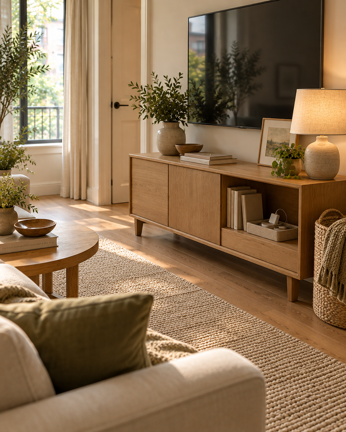 Low oak storage cabinet and blanket basket beside seating, with clear access to the cabinet.