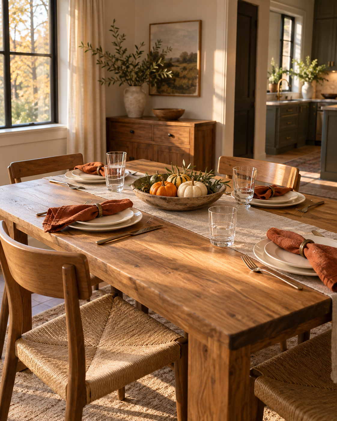 Ivory dishes, rust napkins and a low pumpkin bowl on a Thanksgiving dining table.
