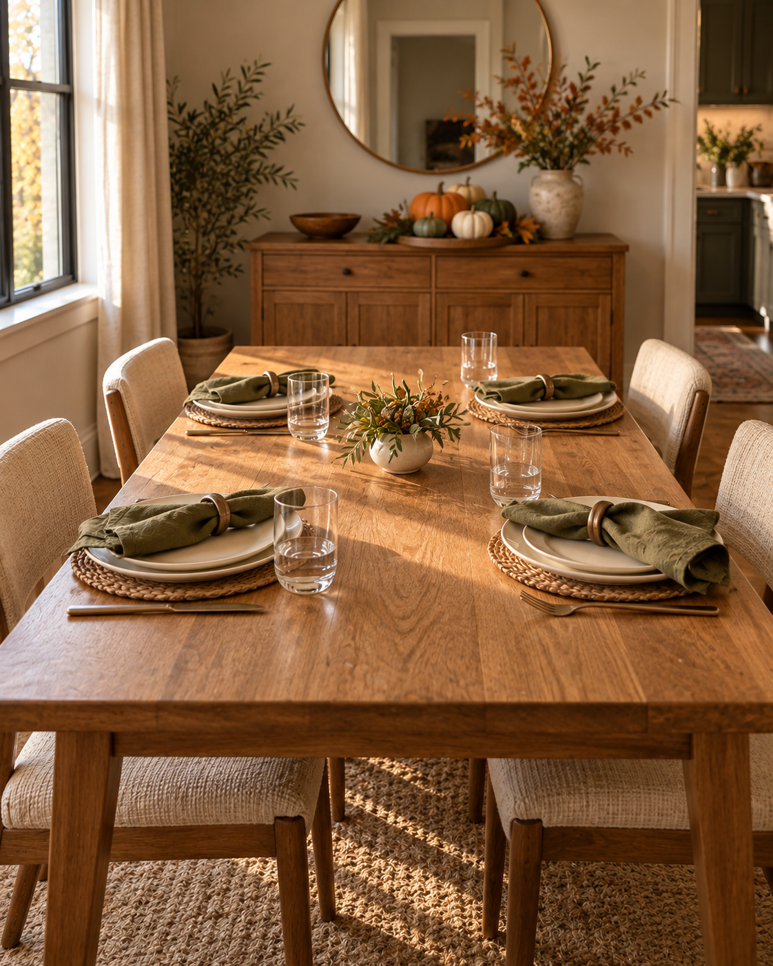 Narrow Thanksgiving table with olive napkins, a small low centerpiece and reserved serving space.