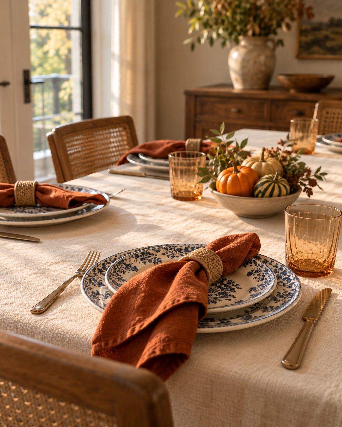Blue-and-white plates with cream linen, a rust napkin and amber glass for Thanksgiving.